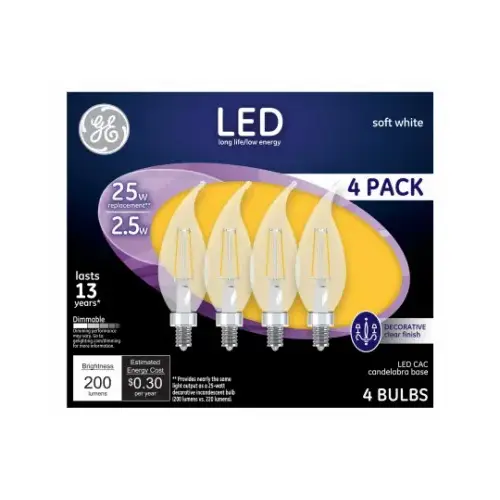 GE Lighting 99076 Decorative LED Light Bulbs, Candelabra Base, Soft White, Clear, 200 Lumens, 2.5-Watts - pack of 4