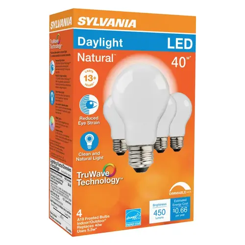 Sylvania 40669 LED Bulb, General Purpose, A19 Lamp, E26 Lamp Base, Dimmable, Daylight Light, 5000 K Color Temp Frosted - pack of 4