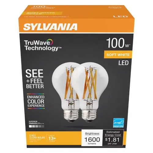 Sylvania 40754 Natural LED Bulb, General Purpose, A21 Lamp, 100 W Equivalent, E26 Lamp Base, Dimmable, Clear Pair