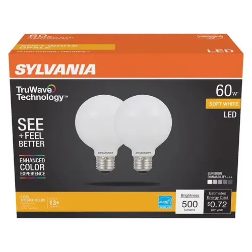 Sylvania 40767 Natural LED Bulb, Globe, G25 Lamp, 60 W Equivalent, E26 Lamp Base, Dimmable, Frosted, Soft White Light Pair