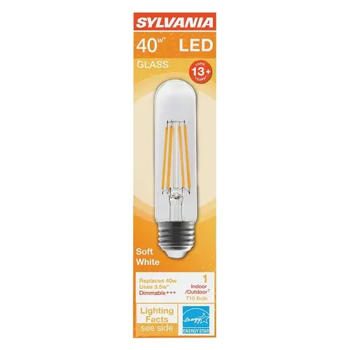 Sylvania 42054 Sylvania LED Bulb, T10 Lamp, 40 W Equivalent, E26 Medium Lamp Base, Dimmable, Clear, Soft White, 2700 K Color Temp