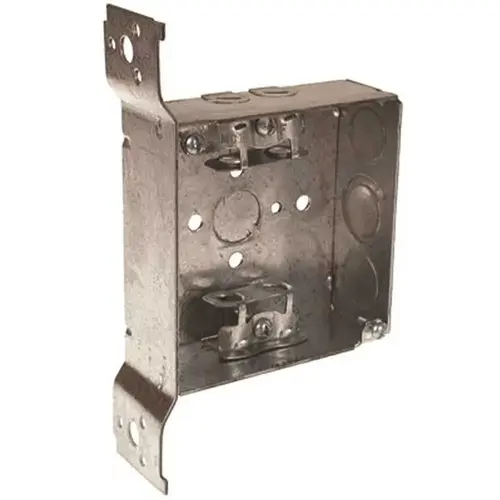 RACO 218 4 in. Square Box Welded 1-1/2 in. Deep with AC/MC/Flex Clamps Three 1/2 in. KO's and One TKO, UBS, FS Bracket, Flush Gray
