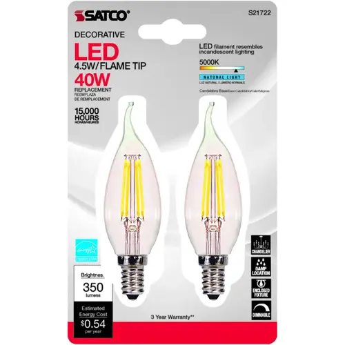 Satco S21722 LED Bulb . CA10 E12 (Candelabra) Natural Light 40 W Clear Pair