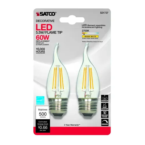 Satco S21727 LED Bulb CA10 E26 (Medium) Warm White 60 Watt Equivalence Clear Pair