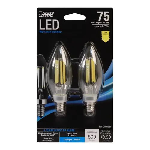 Feit Electric BPCTC75/850LED2 LED Bulb, Decorative, 75 W Equivalent, E12 Lamp Base, Clear, Daylight Light - Pair