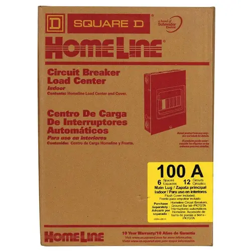 Square D HOM612L100FCP Homeline Load Center, 100 A, 6 -Space, 12 -Circuit, Main Lug, NEMA 1 Enclosure, Gray