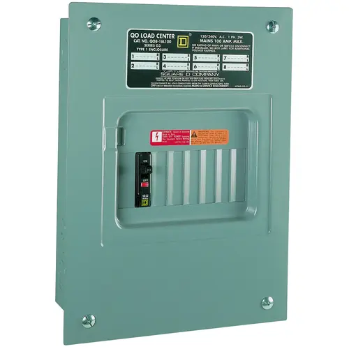 Square D QO816L100SCP QO Load Center, 100 A, 8 -Space, 16 -Circuit, Main Lug, NEMA 1 Enclosure, Plug Mounting Gray