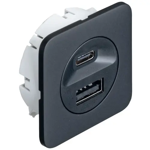 Hafele 833.73.808 USB charging station, Hafele Loox5, USB-A / USB-C, 12 V 14 W output power, 16 W power consumption, for mounting in drilled hole diameter 40 mm or for screw fixing with frame 46.5 x 46.5 x 18 mm, black Black