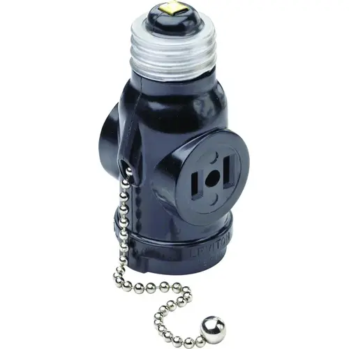 Leviton 01406-000 Lampholder w/Outlet & Pull Chain Plastic Medium Base Black
