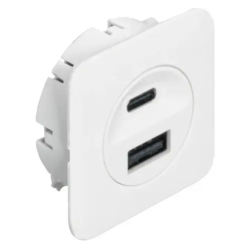Hafele 833.73.829 USB charging station, Hafele Loox5, USB-A / USB-C, 24 V 14 W output power, 16 W power consumption, for mounting in drilled hole diameter 40 mm or for screw fixing with frame 46.5 x 46.5 x 18 mm, White White