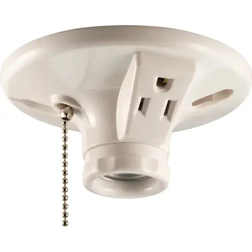 Eaton S865W-SP Ceiling Lamp Holder Plastic with Pull Chain and Outlet - White