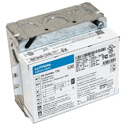 Hafele 833.02.965 Lutron LED Driver, Ecosystem 3-Wire 2 - 40 W, 12 VDC Hardwired, 12 V White