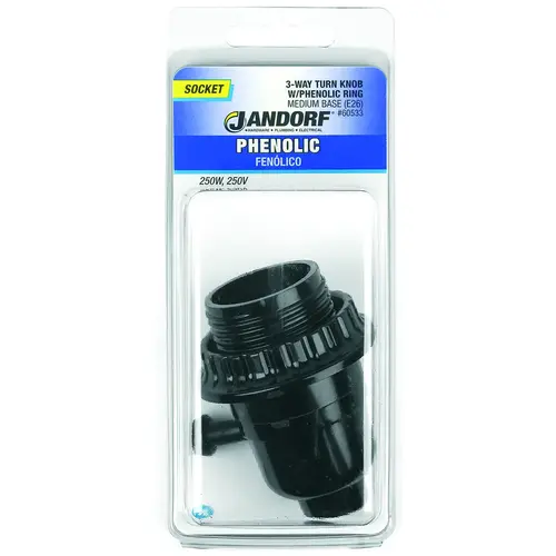 Jandorf 60533 Turn Knob Lamp Socket, 250 V, 250 W, Phenolic Housing Material, Black