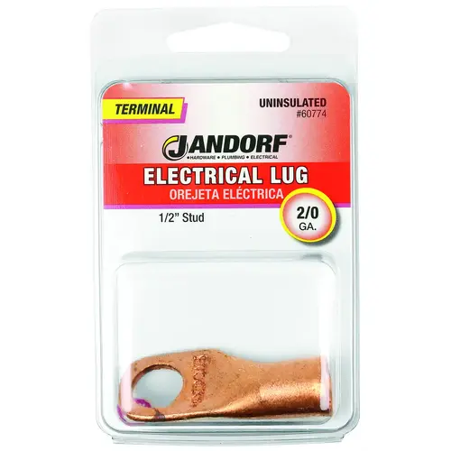 Jandorf 60774 Electrical Lug, 2/0 AWG Wire, 1/2 in Stud, Copper Contact, Brown