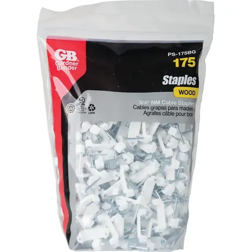 GB PS-175BG/J Cable Staple, 3/4 in W Crown, 1-1/4 in L Leg, Plastic/Polyethylene White - pack of 175