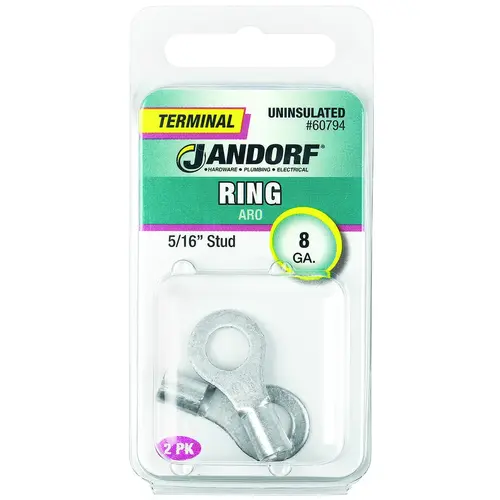 Jandorf 60794 Ring Terminal, 8 AWG Wire, 5/16 in Stud, Copper Contact