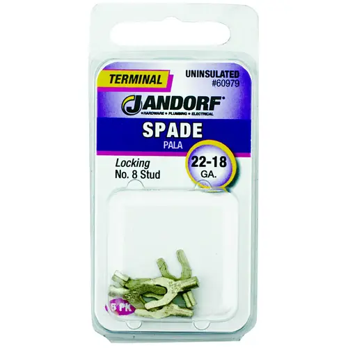Jandorf 60979 Spade Terminal, 600 V, 22 to 18 AWG Wire, #8 Stud, Copper Contact
