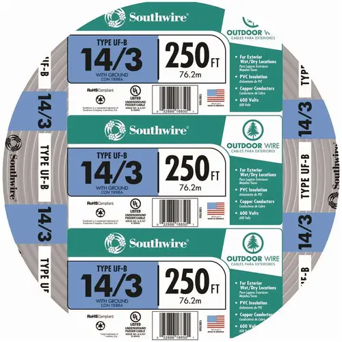 Southwire 13057555 Cable 250 ft. 14/3 Solid Type UF-B WG Underground Feeder Gray