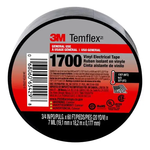 3M 1700-1PK-BB40 Electrical Tape Temflex 3/4" W X 60 ft. L Black Vinyl Black