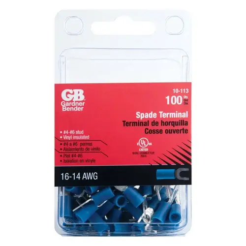 GB 10-113 Spade Terminal, 600 V, 16 to 14 AWG Wire, #4 to 6 Stud, Vinyl Insulation, Blue - pack of 100