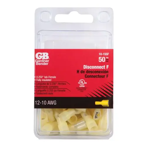 GB 10-155F Disconnect Terminal, 600 V, 12 to 10 AWG Wire, 1/4 in Stud, Vinyl Insulation, Yellow - pack of 50