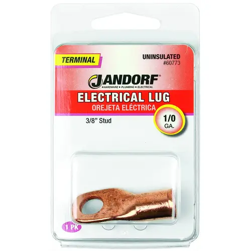 Jandorf 60773 Electrical Lug, 1/0 AWG Wire, 3/8 in Stud, Copper Contact, Brown