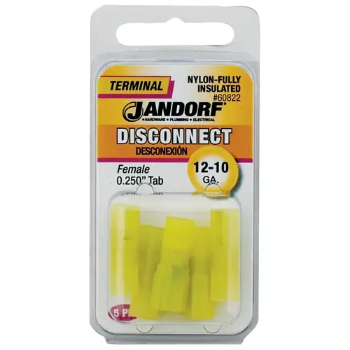 Jandorf 60822 Disconnect Terminal, 12 to 10 AWG Wire, Nylon Insulation, Copper Contact, Yellow - pack of 5