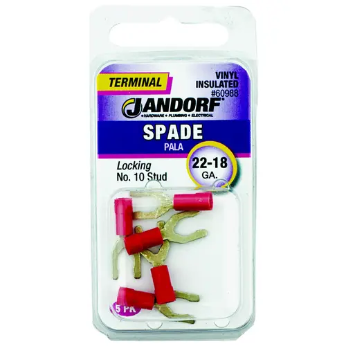 Jandorf 60988 Spade Terminal, 600 V, 22 to 18 AWG Wire, #10 Stud, Vinyl Insulation, Copper Contact, Red