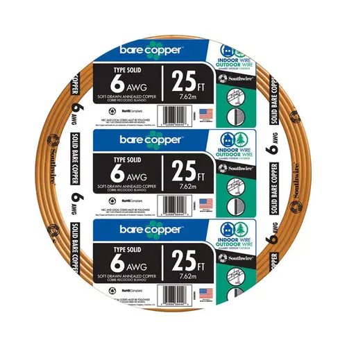 Southwire 10638525 Building Wire 25 ft. 6/1 Solid Bare Copper Copper