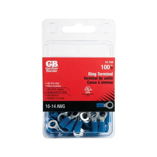 GB 10-104 Ring Terminal, 600 V, 16 to 14 AWG Wire, #8 to 10 Stud, Vinyl Insulation, Copper Contact, Blue - pack of 100