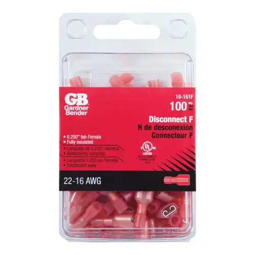 GB 10-151F Disconnect Terminal, 600 V, 22 to 18 AWG Wire, 1/4 in Stud, Vinyl Insulation, Red - pack of 100