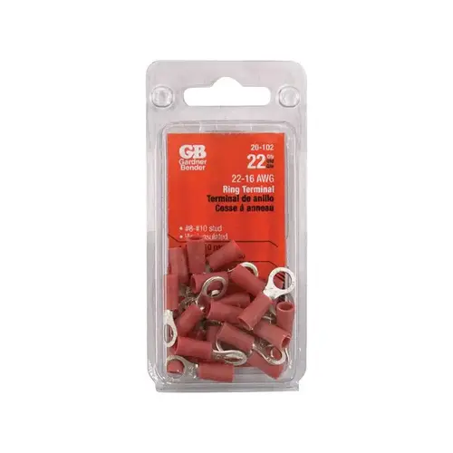 GB 20-102 Ring Terminal, 600 V, 22 to 18 AWG Wire, #8 to 10 Stud, Vinyl Insulation, Copper Contact, Red - pack of 22