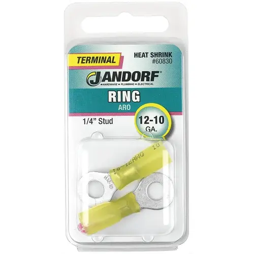 Jandorf 60830 Ring Terminal, 12 to 10 AWG Wire, 1/4 in Stud, Copper Contact, Yellow - pack of 2