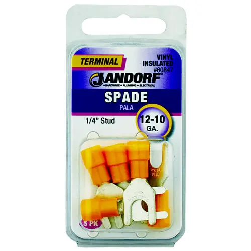Jandorf 60847 Spade Terminal, 600 V, 12 to 10 AWG Wire, 1/4 in Stud, Vinyl Insulation, Copper Contact, Yellow - pack of 5