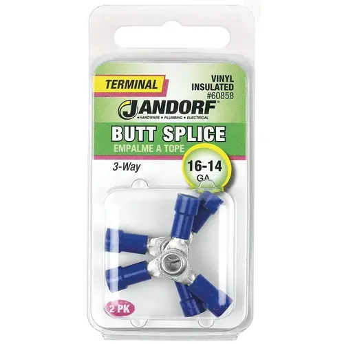 Jandorf 60858 Butt Splice Connector, 16 to 14 AWG Wire, Vinyl Insulation, Copper Contact, Blue - pack of 2