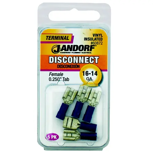 Jandorf 60872 Disconnect Terminal, 16 to 14 AWG Wire, Vinyl Insulation, Copper Contact, Blue - pack of 5