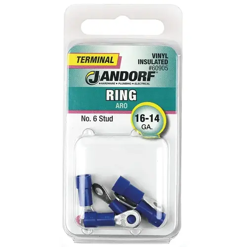 Jandorf 60905 Ring Terminal, 16 to 14 AWG Wire, #6 Stud, Vinyl Insulation, Copper Contact, Blue