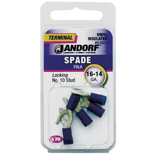 Jandorf 60921 Spade Terminal, 600 V, 16 to 14 AWG Wire, #10 Stud, Vinyl Insulation, Copper Contact, Blue