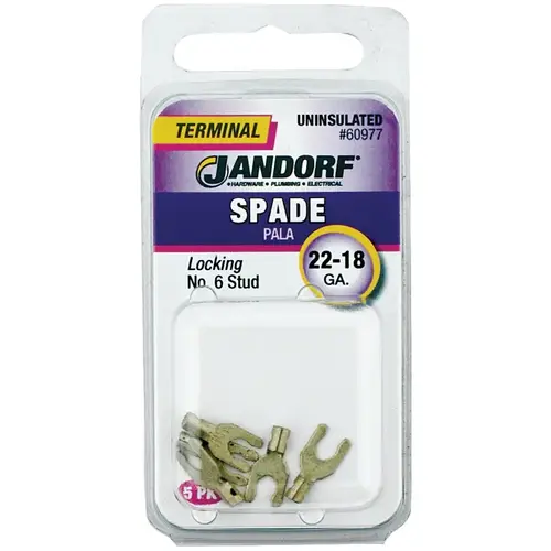 Jandorf 60977 Spade Terminal, 600 V, 22 to 18 AWG Wire, #6 Stud, Copper Contact
