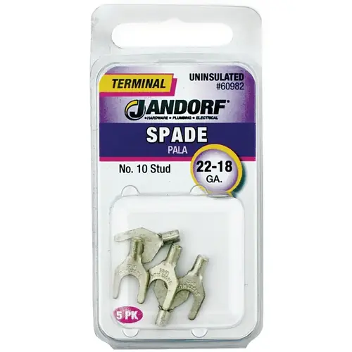 Jandorf 60982 Spade Terminal, 600 V, 22 to 18 AWG Wire, #10 Stud, Copper Contact