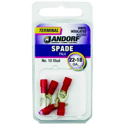 Jandorf 60989 Spade Terminal, 600 V, 22 to 18 AWG Wire, #10 Stud, Vinyl Insulation, Copper Contact, Red