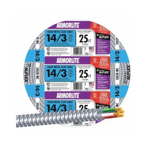 Southwire 68582621 Cable Armorlite 25 ft. 14/3 Solid Aluminum Armored MC Black/Green/Red/White