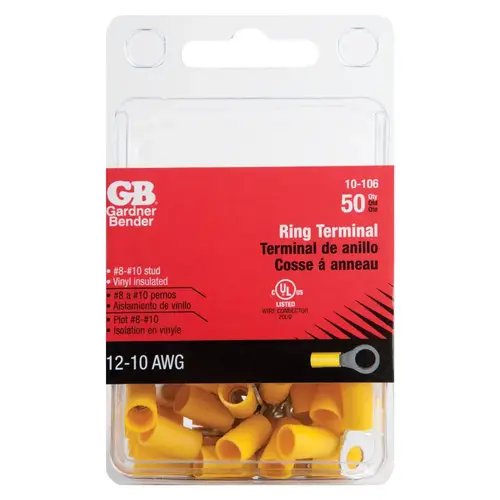 GB 10-106 Ring Terminal, 600 V, 12 to 10 AWG Wire, #8 to 10 Stud, Vinyl Insulation, Copper Contact, Yellow - pack of 50