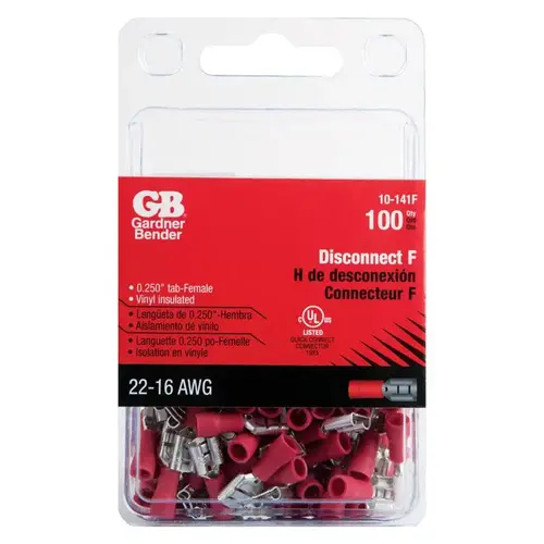 GB 10-141F Disconnect Terminal, 600 V, 22 to 16 AWG Wire, 1/4 in Stud, Vinyl Insulation, Red - pack of 100