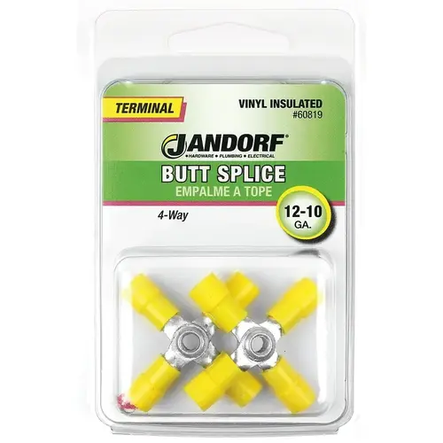 Jandorf 60819 Butt Splice Connector, 12 to 10 AWG Wire, Vinyl Insulation, Copper Contact, Yellow - pack of 2