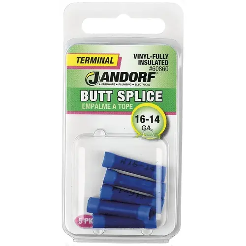 Jandorf 60860 Butt Splice Connector, 16 to 14 AWG Wire, Vinyl Insulation, Copper Contact, Blue - pack of 5