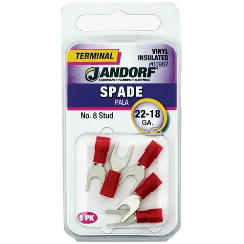 Jandorf 60987 Spade Terminal, 600 V, 22 to 18 AWG Wire, #8 Stud, Vinyl Insulation, Copper Contact, Red