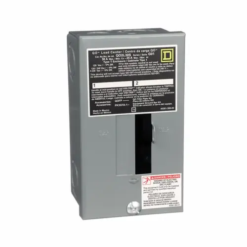 Square D QO2L30SCP QO Load Center, 30 A, 2 -Space, 2 -Circuit, Main Lug, NEMA 1 Enclosure, Plug Mounting, Gray