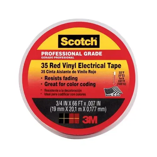 3M 10810-DL-2W Vinyl Electrical Tape, Professional-Grade, Red, .75-In. x 66-Ft.