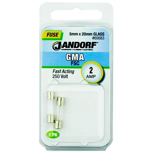 Jandorf 60683 Fast Acting Fuse, 2 A, 250 V, 100 A, 10 kA Interrupt, Glass Body